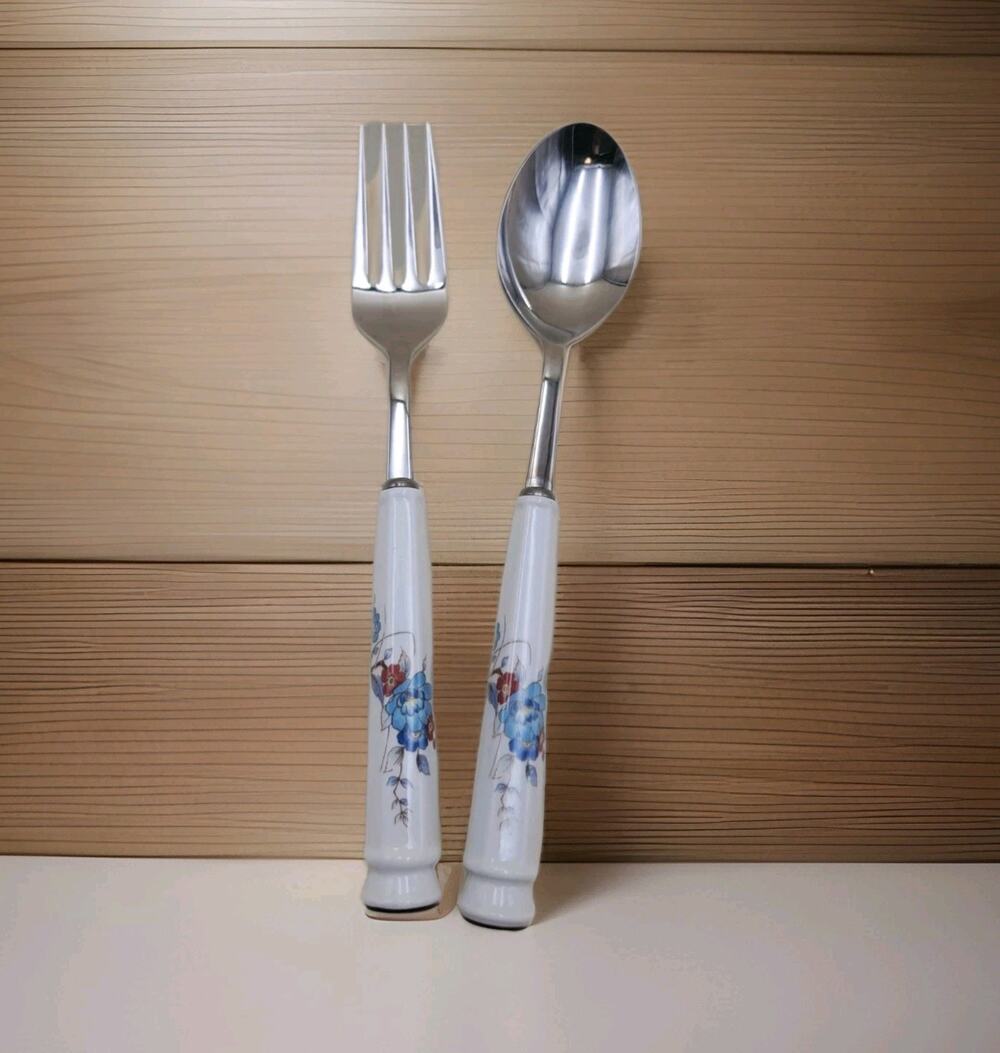 Set 2 Noritake BLEUFLEUR Stainless Floral Japan Cold Meat Fork & Serving Spoon
